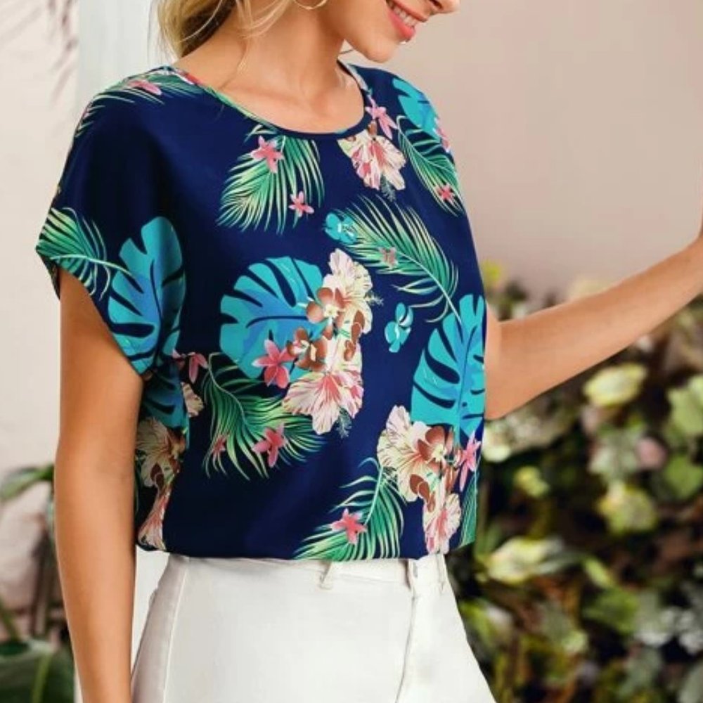 Blue Tropical Batwing Sleeve Blouse in S, L, XL - Picture 1 of 4